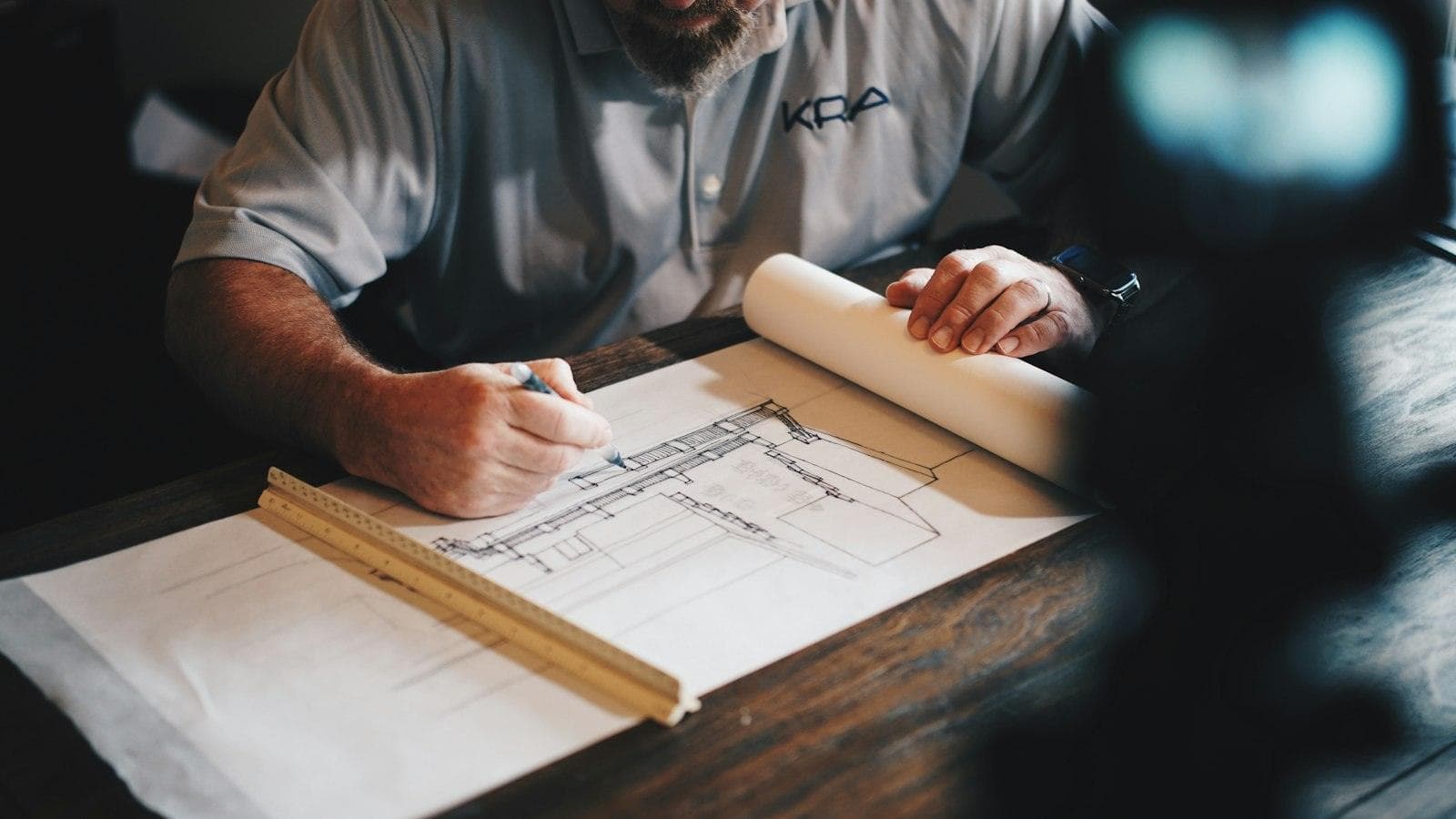 Hand drafting a technical drawing with pencil and ruler